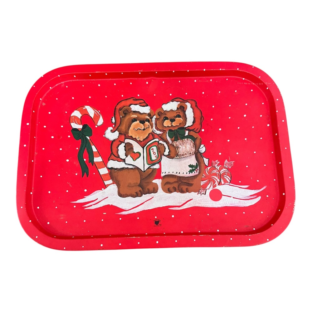 Vintage 1987 Tender Heart Treasures Holiday Bear Metal Tray Christmas Decor